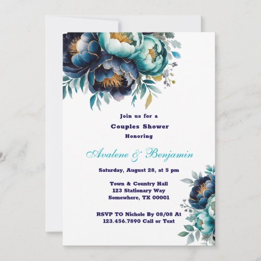 ティール(緑がかった色)ネイビーブルーウォーターカラー牡丹カップルのシャワー 招待状 (正面)
