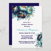 ティール(緑がかった色)ネイビーブルーウォーターカラー牡丹カップルのシャワー 招待状 (正面/裏面)