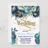 ティール（緑がかった色）ネイビーブルーウォーター色牡丹結婚ズ 招待状 (正面)