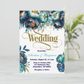 ティール(緑がかった色)ネイビーブルーウォーター色牡丹結婚ズ 招待状 (スタンド正面)