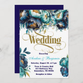 ティール(緑がかった色)ネイビーブルーウォーター色牡丹結婚ズ 招待状 (正面/裏面)