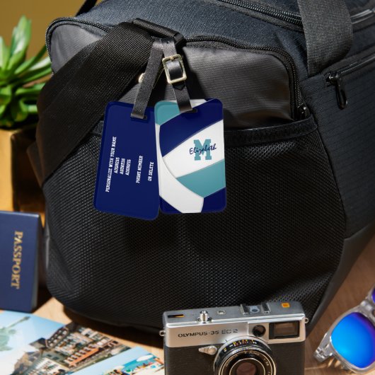 ティール（緑がかった色）ネイビーブルーチームのカラーバレーモノグラムのボール ラゲッジタグ (正面&裏面)