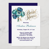 ティール（緑がかった色）ネイビーブルーピーオンフラワーズブライダルシャワー 招待状 (正面/裏面)