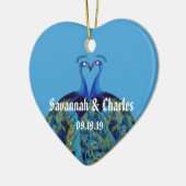 ティール（緑がかった色）ネイビーブルーピーコキスをするックス1stクリスマス セラミックオーナメント (左)