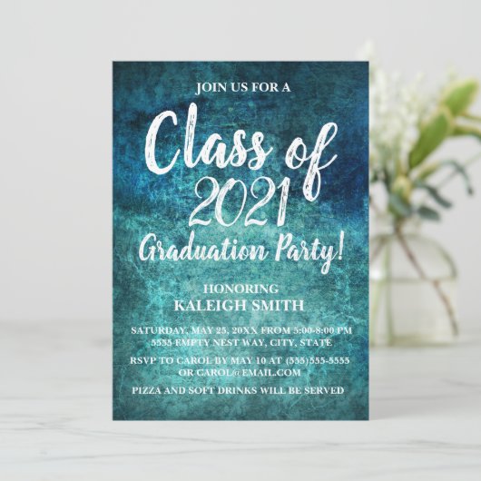 ティール（緑がかった色）ネイビーブルーホワイト卒業パーティー招待状 招待状 (スタンド正面)