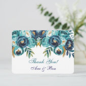 ティール（緑がかった色）ネイビーブルー牡丹結婚の花 サンキューカード (スタンド正面)