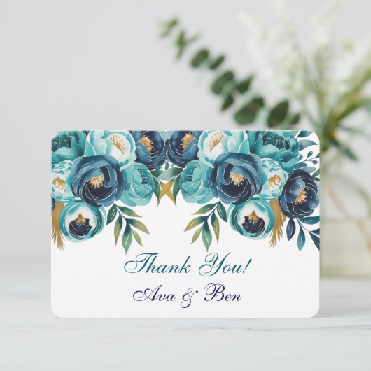 ティール（緑がかった色）ネイビーブルー牡丹結婚の花 サンキューカード (スタンド正面)