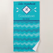 ティール(緑がかった色)ネイビー航海のブルーホワイトモノグラムレイクハウス ビーチタオル (正面)