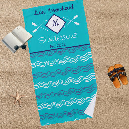 ティール（緑がかった色）ネイビー航海のブルーホワイトモノグラムレイクハウス ビーチタオル