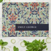 ティール(緑がかった色)ネイビー華美クラシーフローラ孔雀パターン キッチンタオル (折り畳み)