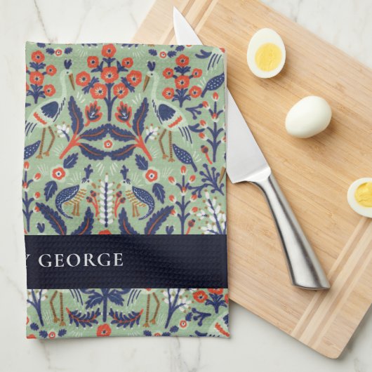 ティール(緑がかった色)ネイビー華美クラシーフローラ孔雀パターン キッチンタオル (四つ折り)