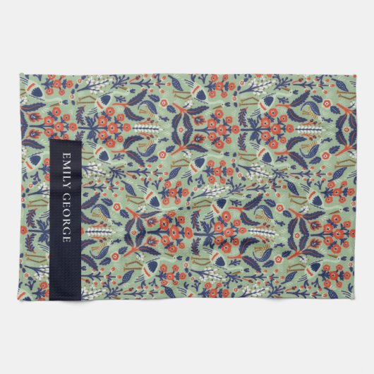 ティール(緑がかった色)ネイビー華美クラシーフローラ孔雀パターン キッチンタオル (横)