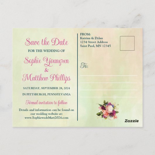 ティール（緑がかった色）、ネイビー、グリーン、金ゴールドはっきりした花模様日付の保存 ポストカード (裏面)