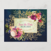 ティール（緑がかった色）、ネイビー、グリーン、金ゴールドはっきりした花模様日付の保存 ポストカード (正面)