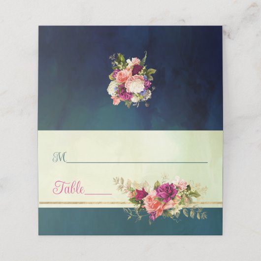 ティール(緑がかった色)、ネイビー、グリーン、金ゴールド花模様 結婚 プレイスカード (外部開封)