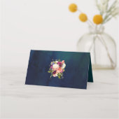 ティール（緑がかった色）、ネイビー、グリーン、金ゴールド花模様 結婚 プレイスカード (裏面)