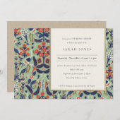 ティール（緑がかった色）ネイビ華美ーフローラピーコックブライダルシャワー 招待状 (正面/裏面)