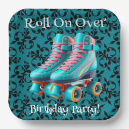 ティール（緑がかった色）ネオンローラスケートバースデーパーティー ペーパープレート