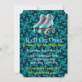 ティール（緑がかった色）ネオンローラスケートバースデーパーティー 招待状