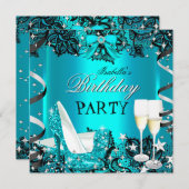 ティール(緑がかった色)ハイヒールシャンパンブラックレースバースデーパーティー 招待状 (正面/裏面)