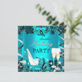 ティール(緑がかった色)ハイヒールシャンパンブラックレースバースデーパーティー 招待状 (スタンド正面)