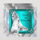 ティール(緑がかった色)ハイヒールシューズシルバーバースデーパーティー 招待状 (正面/裏面)