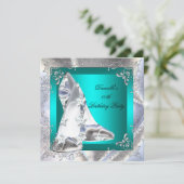 ティール(緑がかった色)ハイヒールシューズシルバーバースデーパーティー 招待状 (スタンド正面)