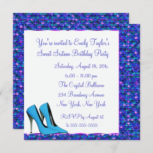 ティール(緑がかった色)ハイヒールパープルシークインSweet sixteenパーティー 招待状 (正面/裏面)