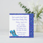 ティール(緑がかった色)ハイヒールパープルシークインSweet sixteenパーティー 招待状 (スタンド正面)