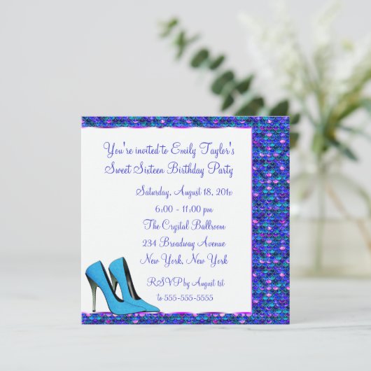 ティール(緑がかった色)ハイヒールパープルシークインSweet sixteenパーティー 招待状 (スタンド正面)