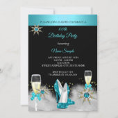 ティール（緑がかった色）ハイヒールブラック金ゴールドシャンパンパーティー 招待状 (正面)