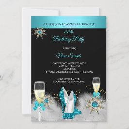 ティール（緑がかった色）ハイヒールブラック金ゴールドシャンパンパーティー 招待状