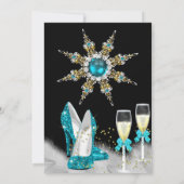 ティール（緑がかった色）ハイヒールブラック金ゴールドシャンパンパーティー 招待状 (裏面)