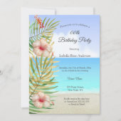 ティール（緑がかった色）ハイビスカストロピックパームビーチバースデーパーティー 招待状 (正面)