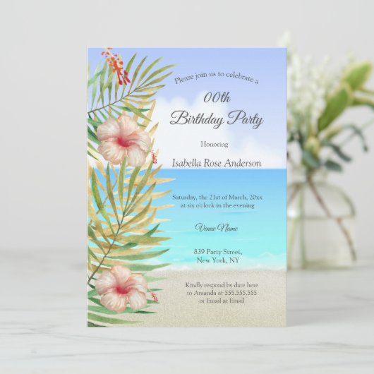 ティール(緑がかった色)ハイビスカストロピックパームビーチバースデーパーティー 招待状 (スタンド正面)