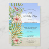 ティール(緑がかった色)ハイビスカストロピックパームビーチバースデーパーティー 招待状 (正面/裏面)