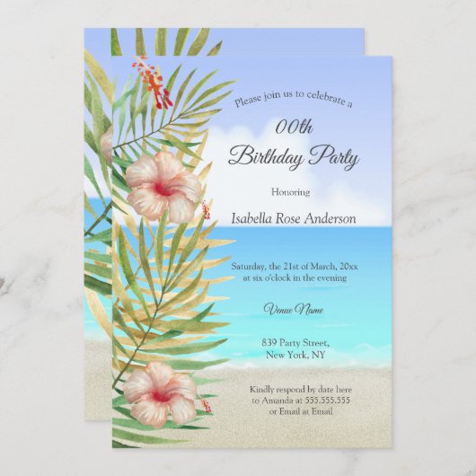 ティール（緑がかった色）ハイビスカストロピックパームビーチバースデーパーティー 招待状 (正面/裏面)