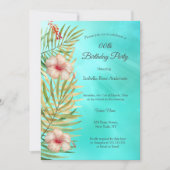 ティール(緑がかった色)ハイビスカストロピックパーム金ゴールド誕生日パーティー 招待状 (正面)