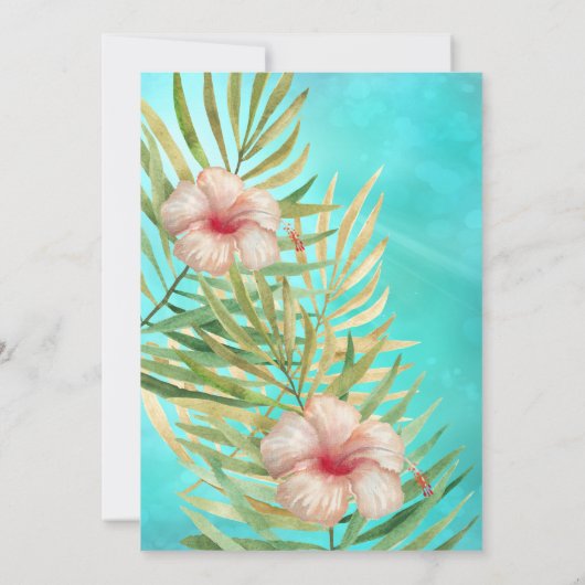 ティール(緑がかった色)ハイビスカストロピックパーム金ゴールド誕生日パーティー 招待状 (裏面)