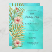 ティール(緑がかった色)ハイビスカストロピックパーム金ゴールド誕生日パーティー 招待状 (正面/裏面)