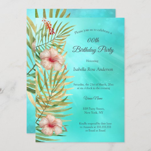 ティール(緑がかった色)ハイビスカストロピックパーム金ゴールド誕生日パーティー 招待状 (正面/裏面)