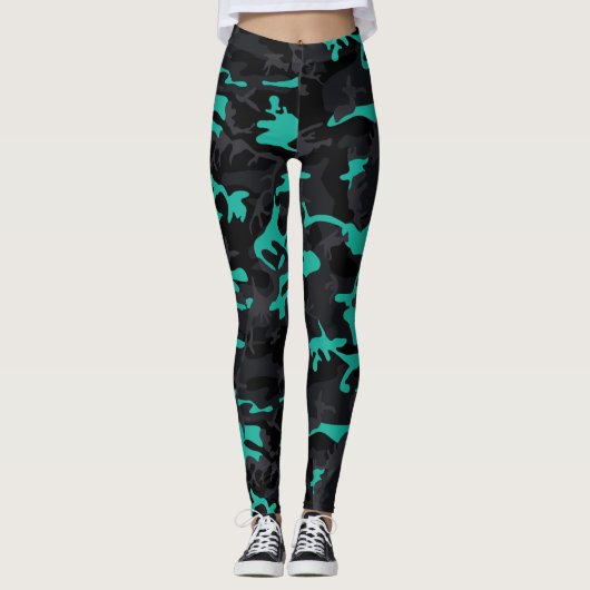 ティール（緑がかった色）ハイライト迷彩柄 レギンス (正面)