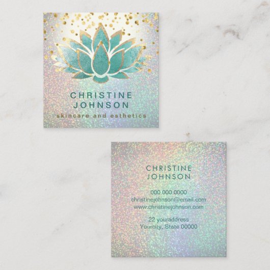 ティール（緑がかった色）ハスのスキンケアとエステ スクエア名刺 (正面/裏面)