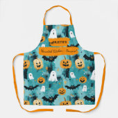 ティール(緑がかった色)ハロウィーン(幽霊、カボチャ、こうもり) エプロン (正面)