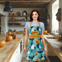 ティール（緑がかった色）ハロウィーン(幽霊、カボチャ、こうもり) エプロン