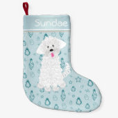 ティール(緑がかった色)ハンドドロードバウブルマルチーズドッグ・カスタム スモールクリスマスストッキング (正面)