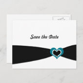 ティール（緑がかった色）ハートと黒いリボン日付を保存 案内ポストカード (正面/裏面)