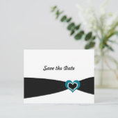 ティール（緑がかった色）ハートと黒いリボン日付を保存 案内ポストカード (スタンド正面)