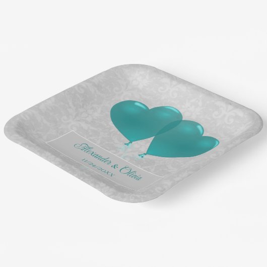 ティール(緑がかった色)ハートバルーンウェディングシャワー紙プレート ペーパープレート (傾斜あり)