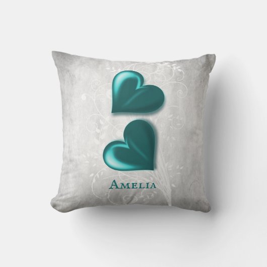 ティール(緑がかった色)ハートパーソナライズされた装飾用クッション クッション (正面)